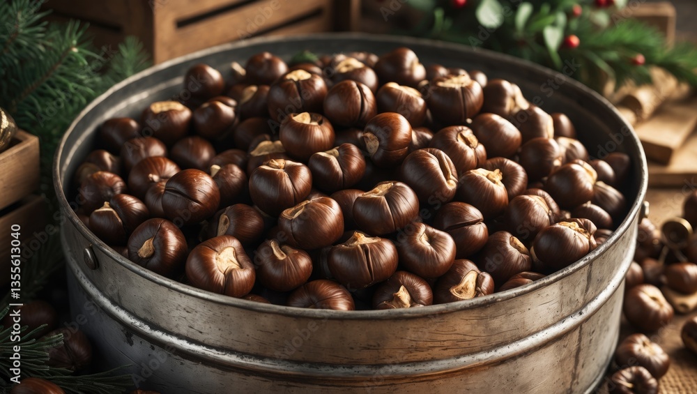 Fototapeta premium A celebratory collection of roasted chestnuts brings to mind comforting holiday customs and cozy winter get-togethers.