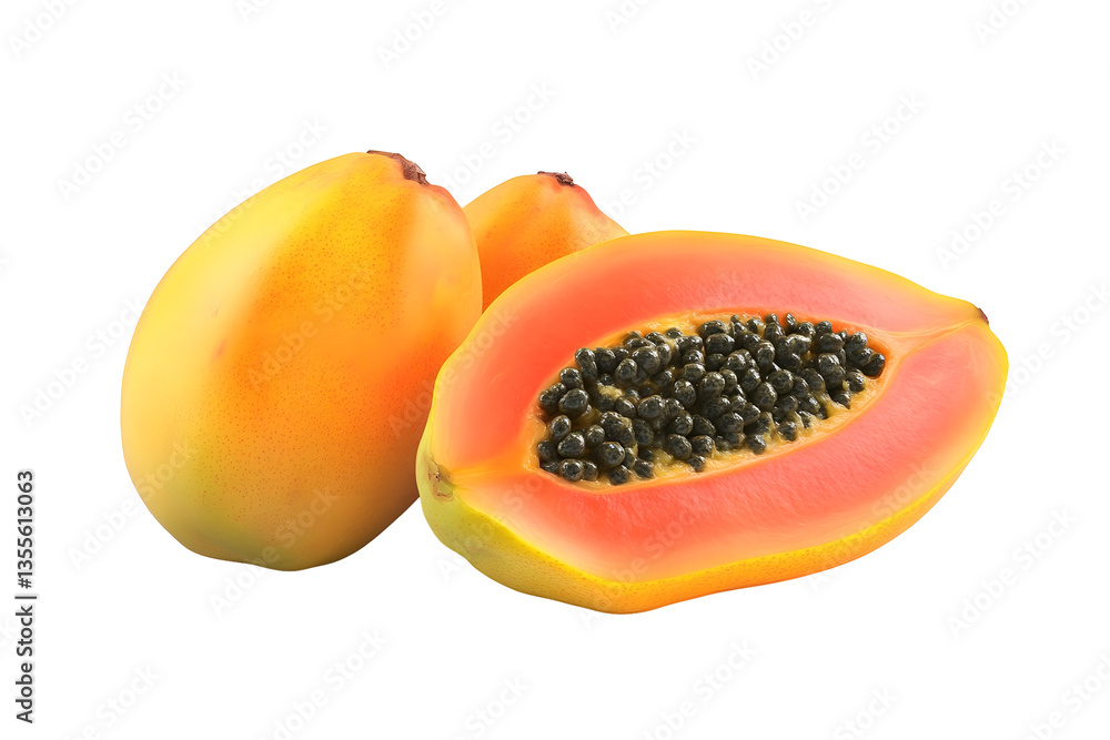 Ripe papaya fruit halved on white background Ripe papaya fruit halved on white background