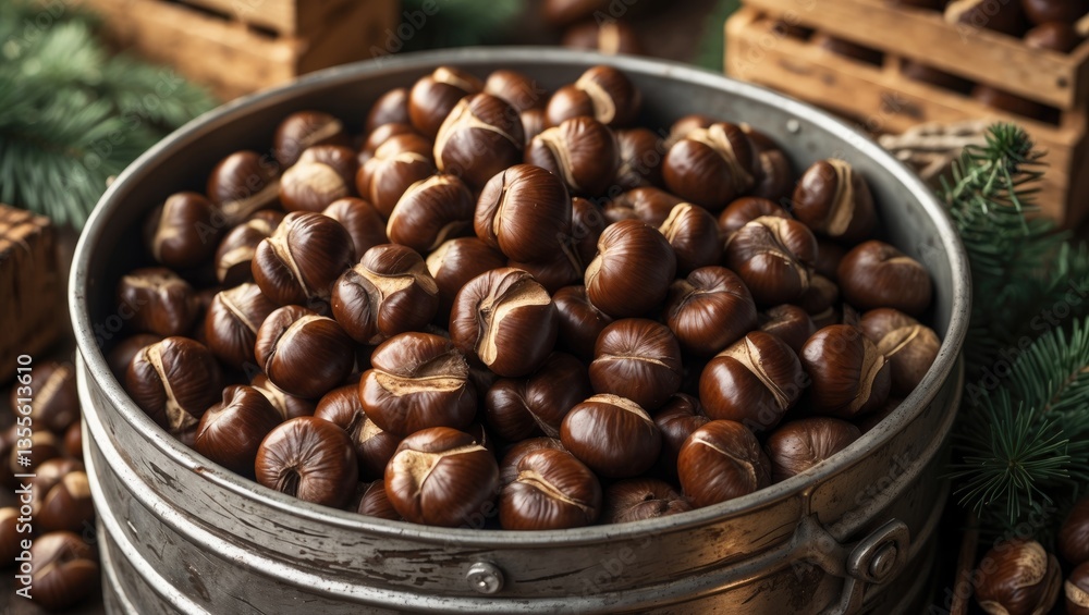 Fototapeta premium A cheerful collection of roasted chestnuts brings to mind warm holiday traditions and cozy winter gatherings.