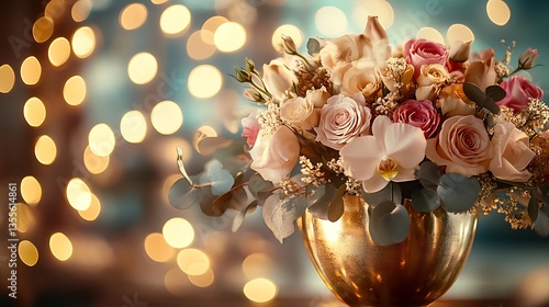 A beautiful floral arrangement with lights in soft bokeh background
