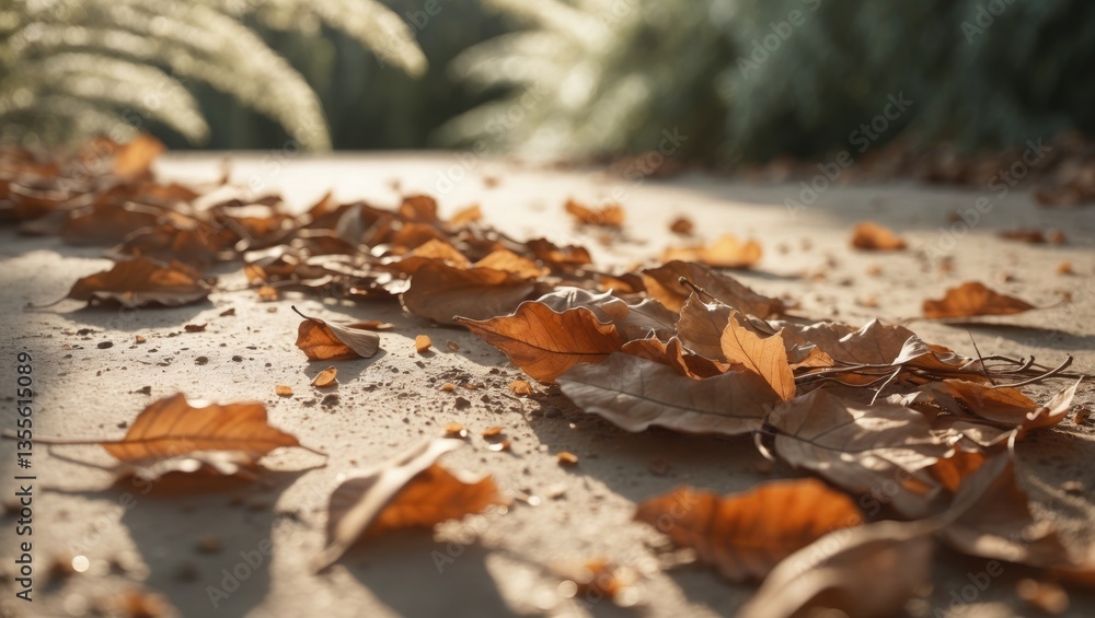 A close-up view of dry, fallen leaves spread across a sunlit concrete surface. The earthy shades of brown, beige, and muted green embody the spirit of a peaceful retreat. A close-up view of dry, fallen leaves spread across a sunlit concrete surface. The earthy shades of brown, beige, and muted green embody the spirit of a peaceful retreat.