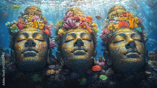 Sunken Serenity Buddha Statues Adorned with Coral Reef.