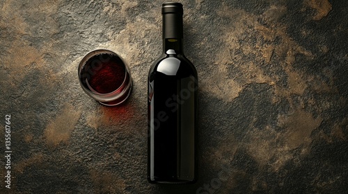 Top view of a bottle and glass of red wine on dark stone background.