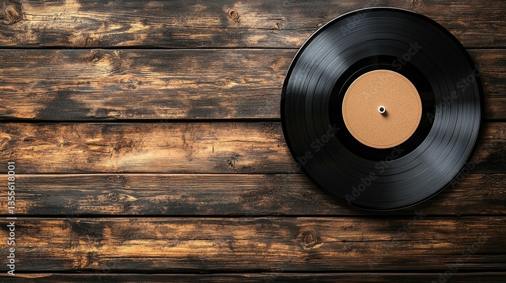 Obraz premium Top view of a vinyl record on a rustic wooden surface. (1)