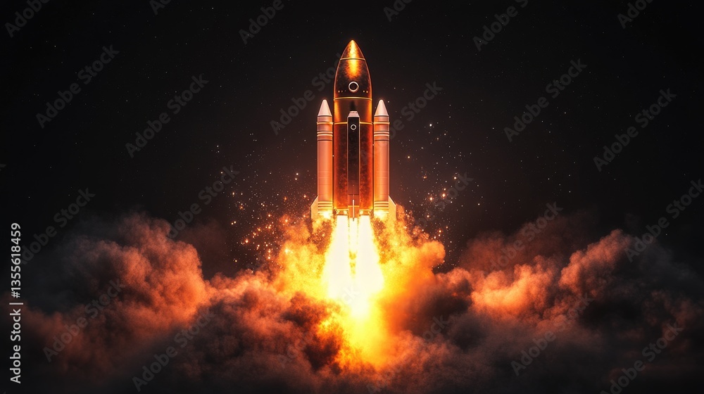 Fototapeta premium A cosmic rocket launch with fiery propulsion and glowing space dust effects