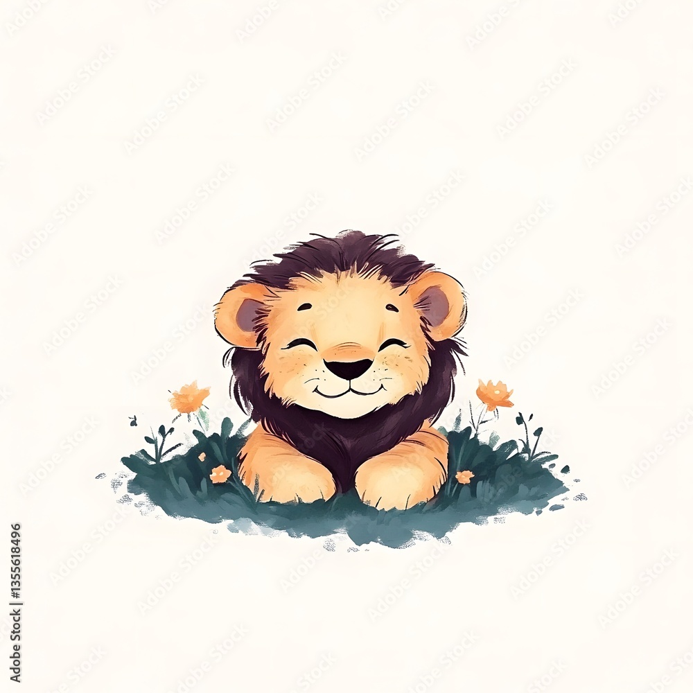 Obraz premium Very simple cute baby Lion illustration, generation AI