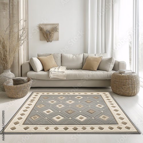 Modern Living Room with a Chic Rug Design: Neutral Colors, Natural Light & Comfortable Furnishings