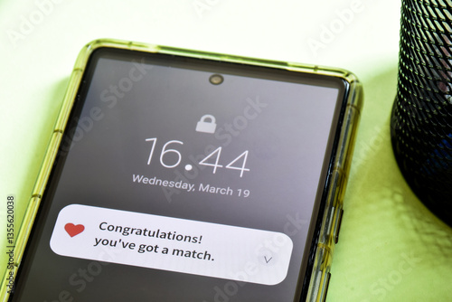 Close-up of Mobile notification about online dating app match. Congratulations you've got a match. 