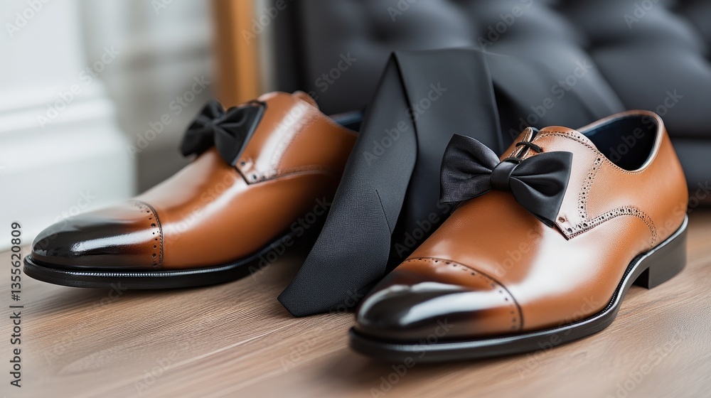A formal bow tie and tuxedo displayed with polished dress shoes A formal bow tie and tuxedo displayed with polished dress shoes