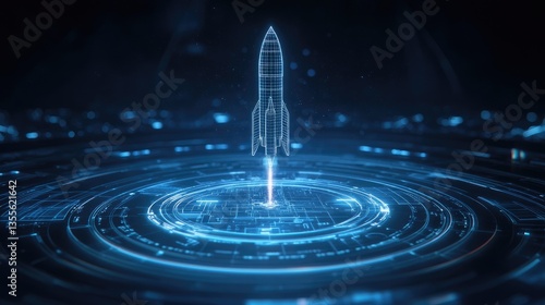 A glowing sci-fi interface design with a wireframe rocket blueprint at the center