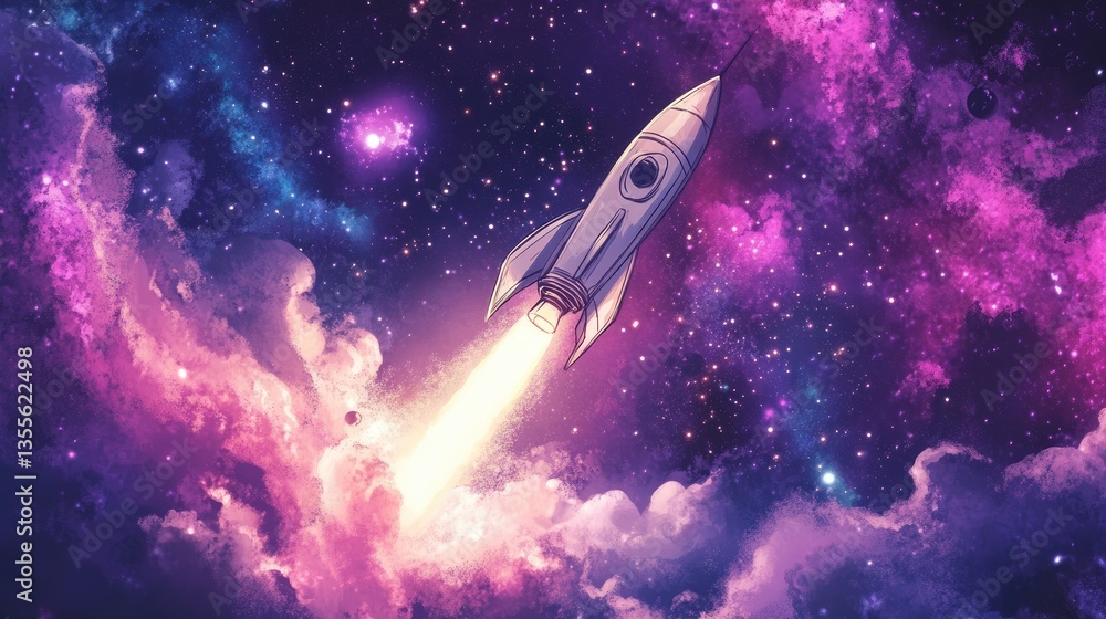 A hand-drawn sketch-style rocket soaring through an illustrated galaxy background A hand-drawn sketch-style rocket soaring through an illustrated galaxy background
