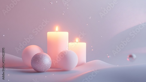 Two lit candles and ornaments displayed on a wavy surface