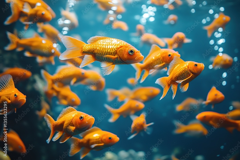 Vibrant Orange Goldfish School Swimming in Blue Aquarium Water Vibrant Orange Goldfish School Swimming in Blue Aquarium Water