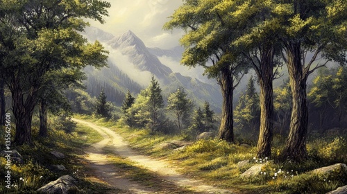 Fototapeta Naklejka Na Ścianę i Meble -  A hidden forest road deep in the mountains, lined with thick green trees and mist-covered peaks