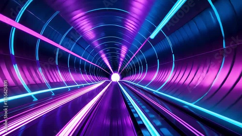 Glowing neon tunnel with pink and blue light streaks creating motion blur