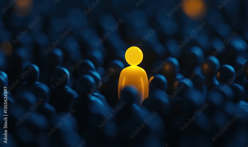 Fototapeta premium Glowing Yellow Figure in a Crowd of Dark Blue Figures