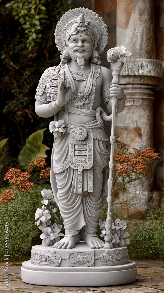 Intricate statue of a deity adorned with traditional attire in a lush garden setting during daylight Intricate statue of a deity adorned with traditional attire in a lush garden setting during daylight