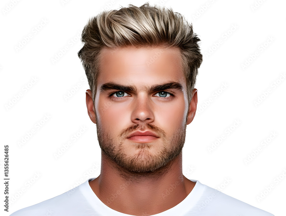 Fototapeta premium Handsome Blonde Man Portrait Headshot Isolated On Transparent Background Studio Shot Modern Caucasian Male Model With Light Hair And Confident Serious Face Expression Close Up Shot