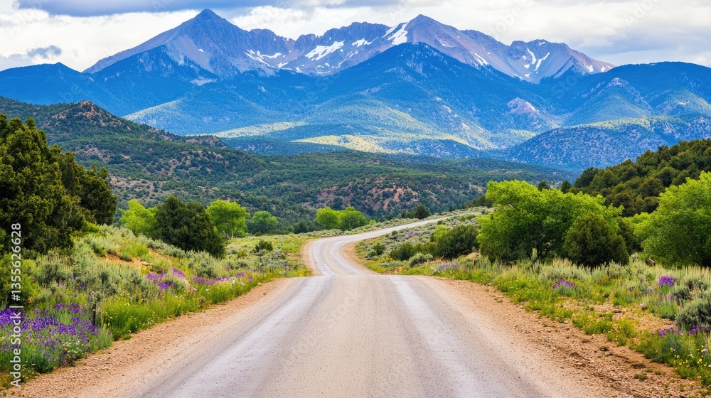 A long empty road surrounded by green mountain peaks and scattered wildflowers A long empty road surrounded by green mountain peaks and scattered wildflowers