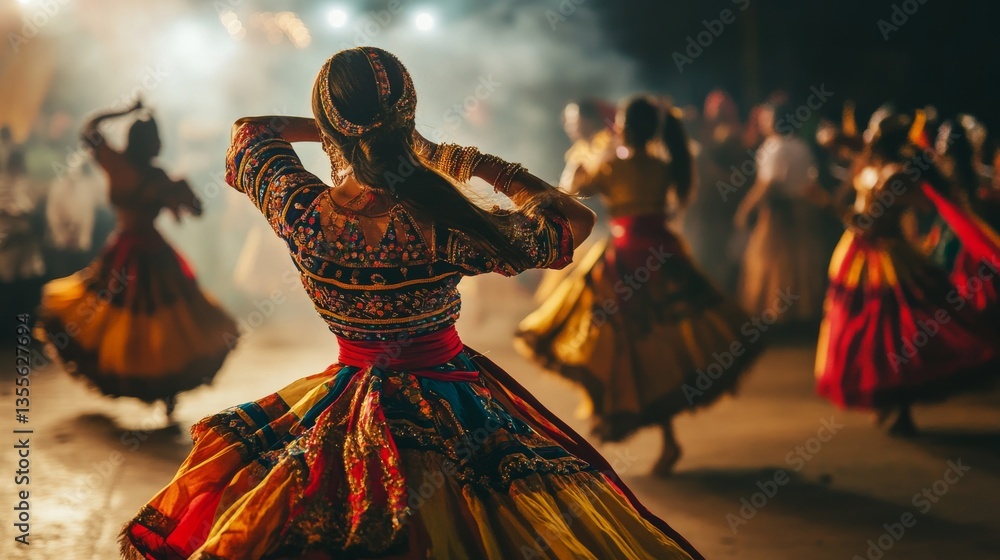 Fototapeta premium Colorful Traditional Dance Performance During a Cultural Festival at Night with Spinning Dancers