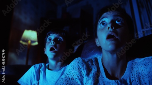 Adults and children watching a thrilling movie in a dimly lit living room filled with suspense