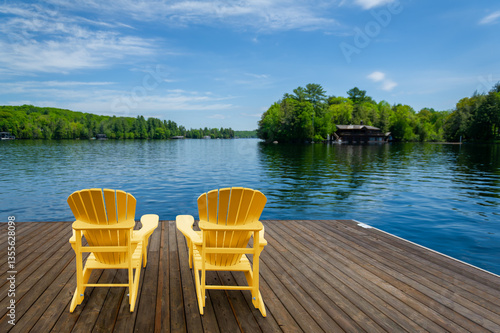 Two yellow Adirondack chairs on a wooden dock greet the tranquil Muskoka summer morning, facing the blue waters of a lake. Across the way, cottages nestled among green trees complete the idyllic scene