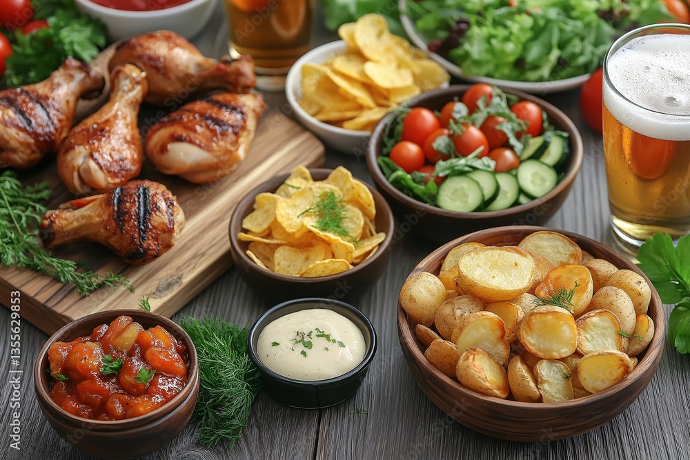 Grilled Chicken Drumsticks with Fresh Salad and Dipping Sauce: Perfect Summer Barbecue Meal for Casual Dining and Social Gatherings Grilled Chicken Drumsticks with Fresh Salad and Dipping Sauce: Perfect Summer Barbecue Meal for Casual Dining and Social Gatherings