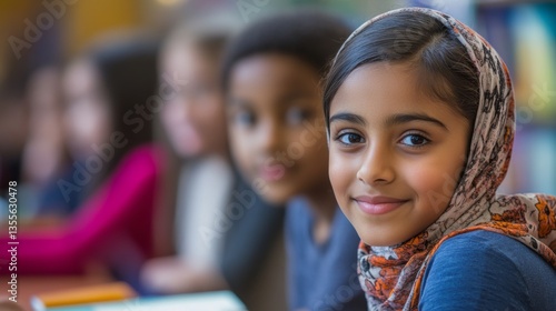 Joyful Young Girl Wearing Headscarf Smiling in a Multicultural Classroom Setting with Friends