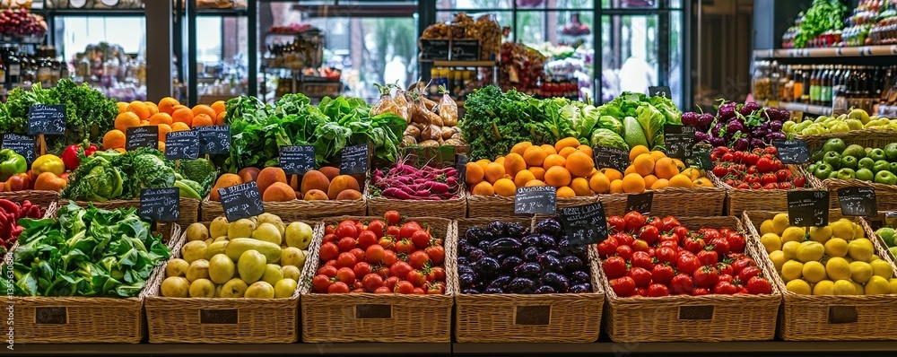 Vibrant Colorful Display of Fresh Fruits and Vegetables in a Market Vibrant Colorful Display of Fresh Fruits and Vegetables in a Market