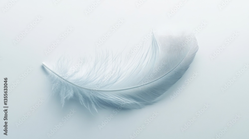 A single long feather delicately curving on a minimalistic, high-key white background A single long feather delicately curving on a minimalistic, high-key white background