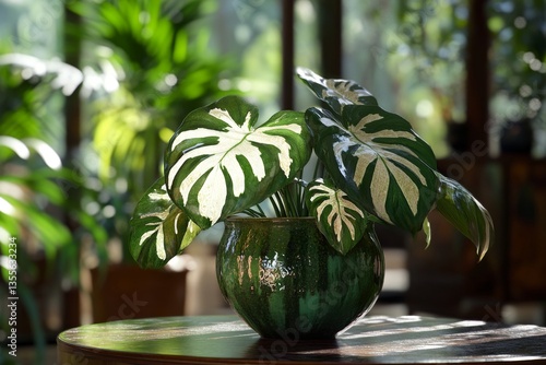 Variegated plant in a green pot on a wooden table.