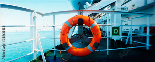 Panoramic view of a life saver on the transcontinental Ferry from Algeciras, Spain to Tangier, Morocco.