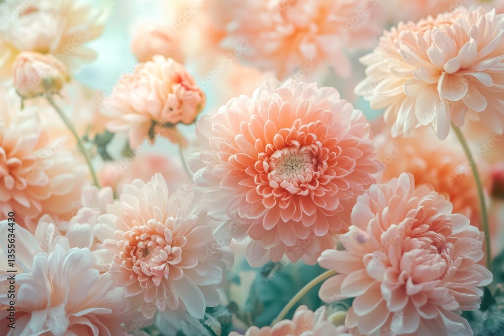 Soft peach dahlia flowers in bloom, close-up. Soft peach dahlia flowers in bloom, close-up.