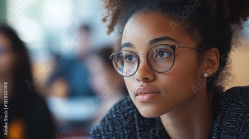 Thoughtful Young Woman with Glasses in a Classroom Setting Showing Concentration and Curiosity