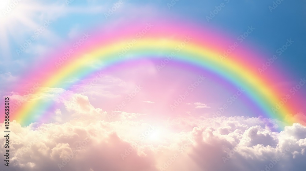 A surreal sky with an oversized vibrant rainbow arching through soft clouds A surreal sky with an oversized vibrant rainbow arching through soft clouds