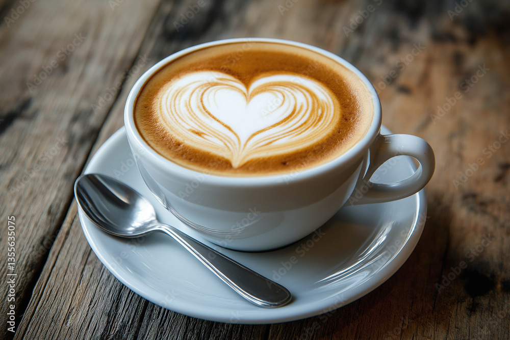 Obraz premium Cup of cappuccino with heart latte art on a wooden table, close-up view