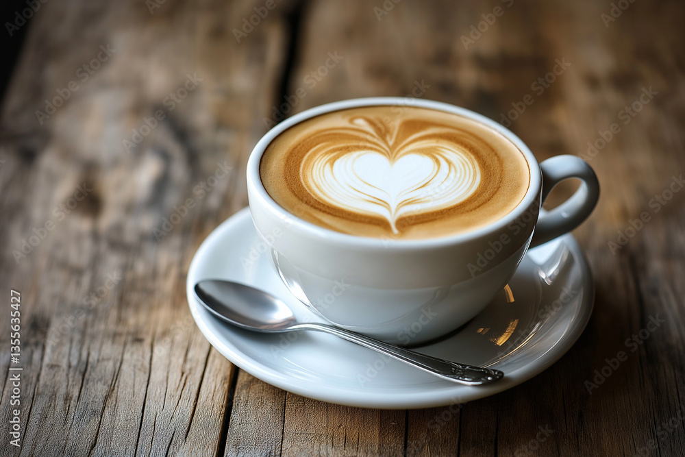 Cup of cappuccino with heart latte art on a wooden table, close-up view Cup of cappuccino with heart latte art on a wooden table, close-up view