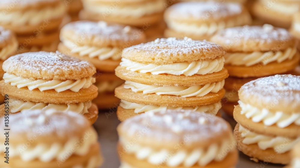 A close-up of sandwich cookies with cream filling, stacked elegantly, leaving a large space for branding. A close-up of sandwich cookies with cream filling, stacked elegantly, leaving a large space for branding.