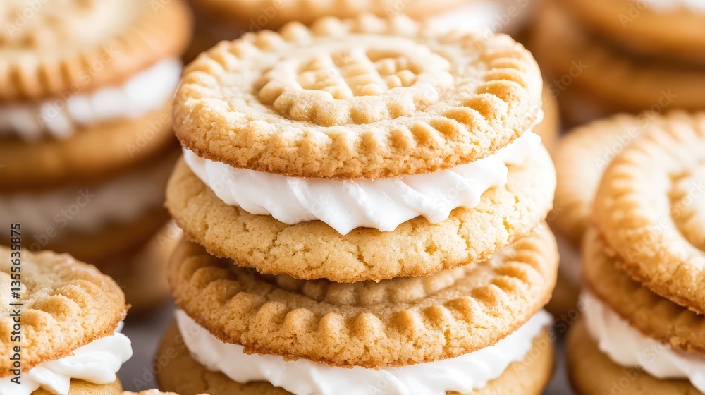 A close-up of sandwich cookies with cream filling, stacked elegantly, leaving a large space for branding. A close-up of sandwich cookies with cream filling, stacked elegantly, leaving a large space for branding.