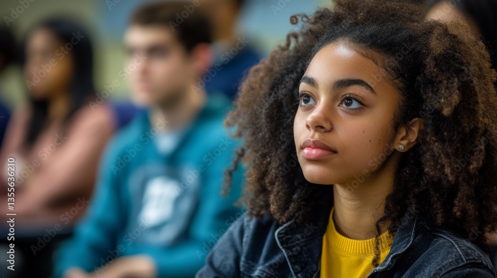 Thoughtful Young Woman Engaged in Classroom Learning with Diverse Peers in Attendance Thoughtful Young Woman Engaged in Classroom Learning with Diverse Peers in Attendance
