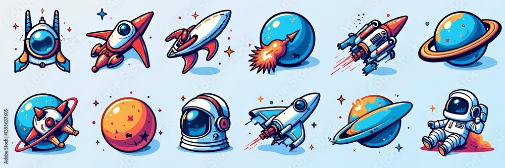 Naklejka premium Set of outline icons featuring space exploration symbols like spacecraft and astronaut, icon, spacecraft, space-themed