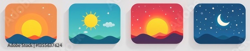 Set of minimalist icons depicting different times of the day including sunrise, noon, sunset, and midnight, hour, daytime, moon