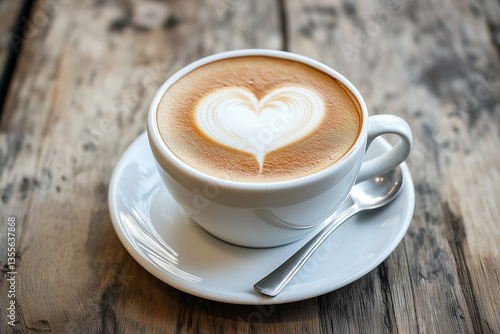 Cup of cappuccino with heart latte art on a wooden table, close-up view
