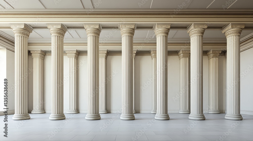 Obraz premium A row of classical Roman columns in an open space with plenty of surrounding area for branding or text.