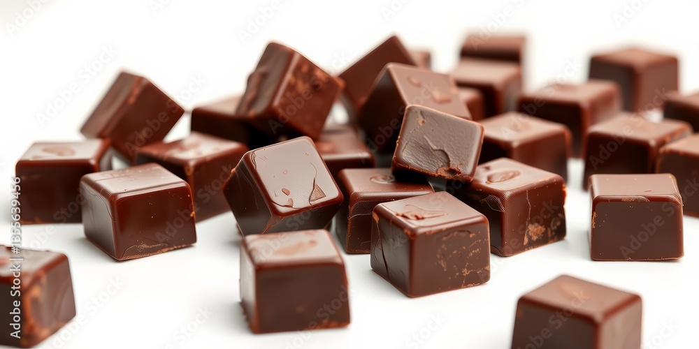 Rich dark chocolate cubes, glossy surface, isolated on white background , squares, cocoa Rich dark chocolate cubes, glossy surface, isolated on white background , squares, cocoa