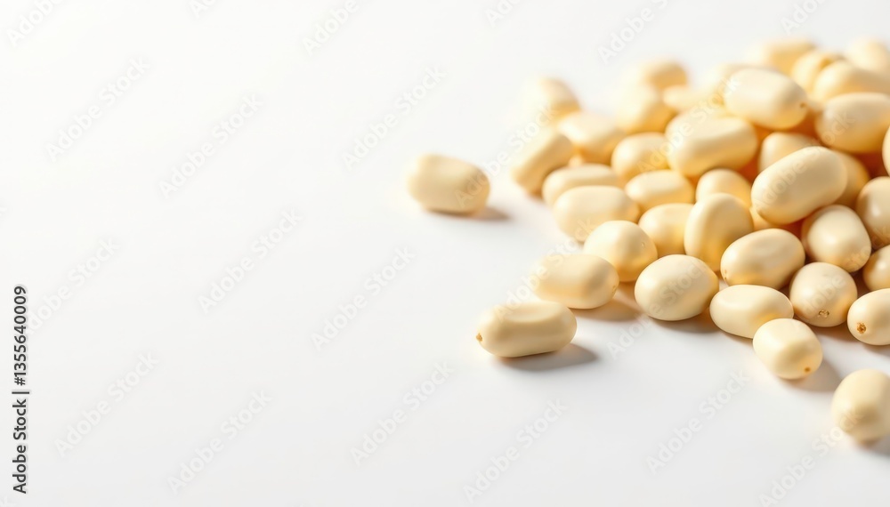 Scattered white beans against a stark white backdrop, great northern beans, isolated Scattered white beans against a stark white backdrop, great northern beans, isolated