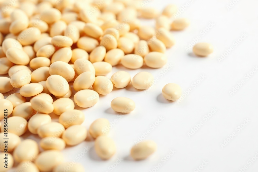 Scattered dried white beans on white background, food photography, harvest, beans Scattered dried white beans on white background, food photography, harvest, beans