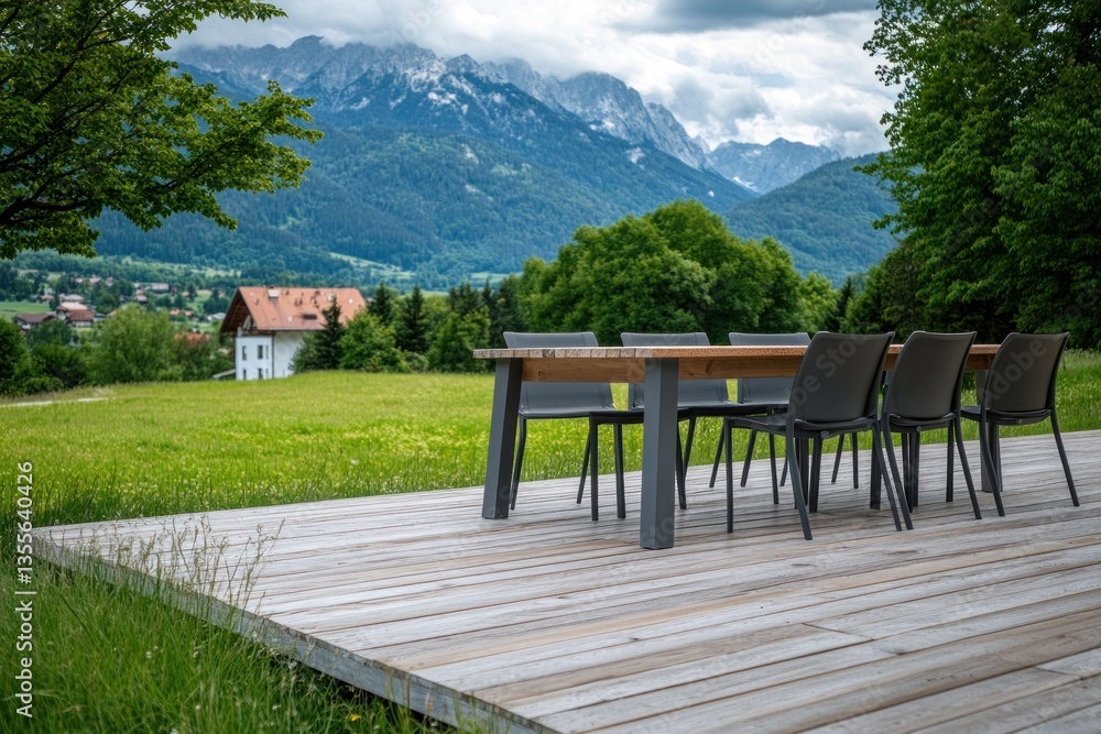 Outdoor dining table with chairs on a wooden deck overlooking a valley and mountains Outdoor dining table with chairs on a wooden deck overlooking a valley and mountains