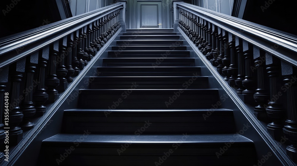 Fototapeta premium A staircase with dark, elegant balusters, framed by an empty space ideal for copy or design placement.