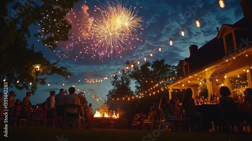 festive summer celebration featuring fireworks illuminating night sky, with guests enjoying lively outdoor gathering